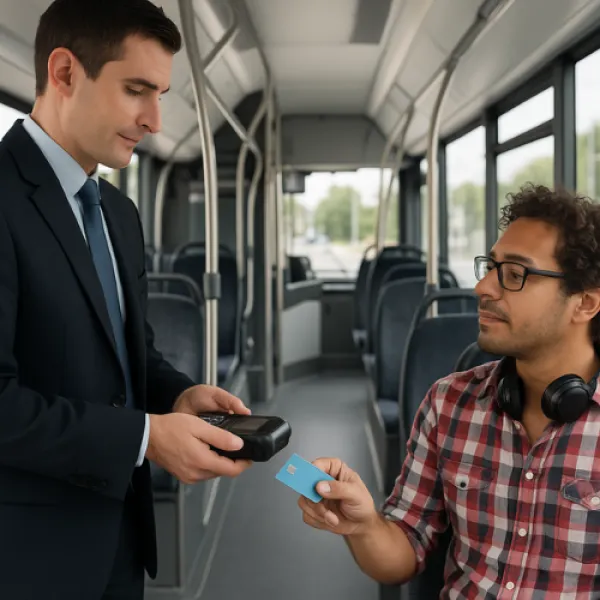 Homme dans un bus qui se fait controler son ticket